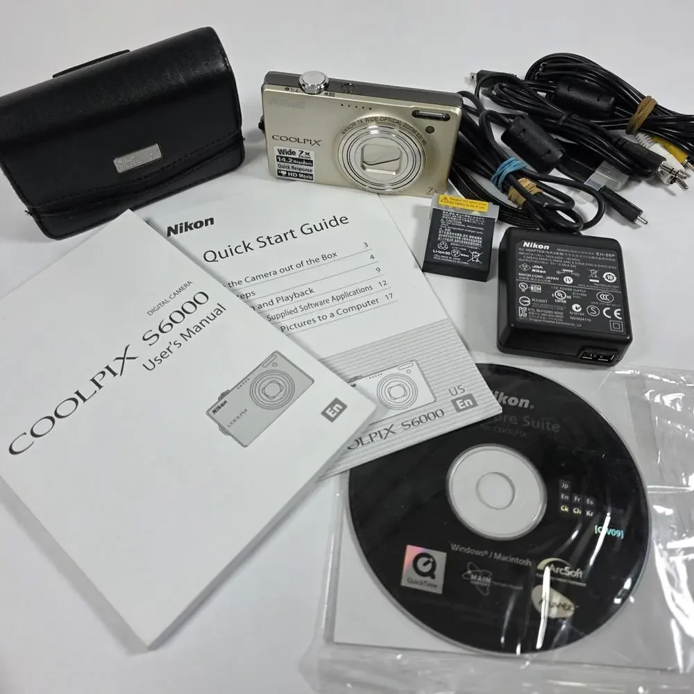 Nikon Coolpix S6000 14.2MP Digital Camera Silver w/7x Zoom Bundle Tested